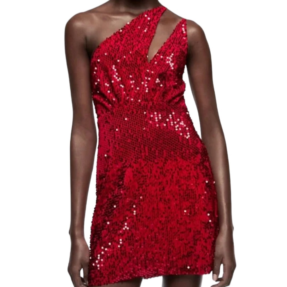 ZARA: Red Embellished Velvet Sequin Asymmetric Double Strap Front Dress -Size XS
